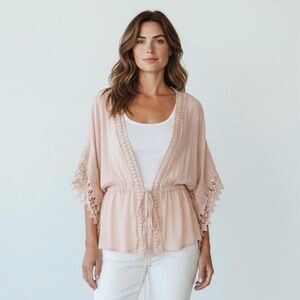 Alya Lace Trim Short Sleeve Light Pink Kimono‎
